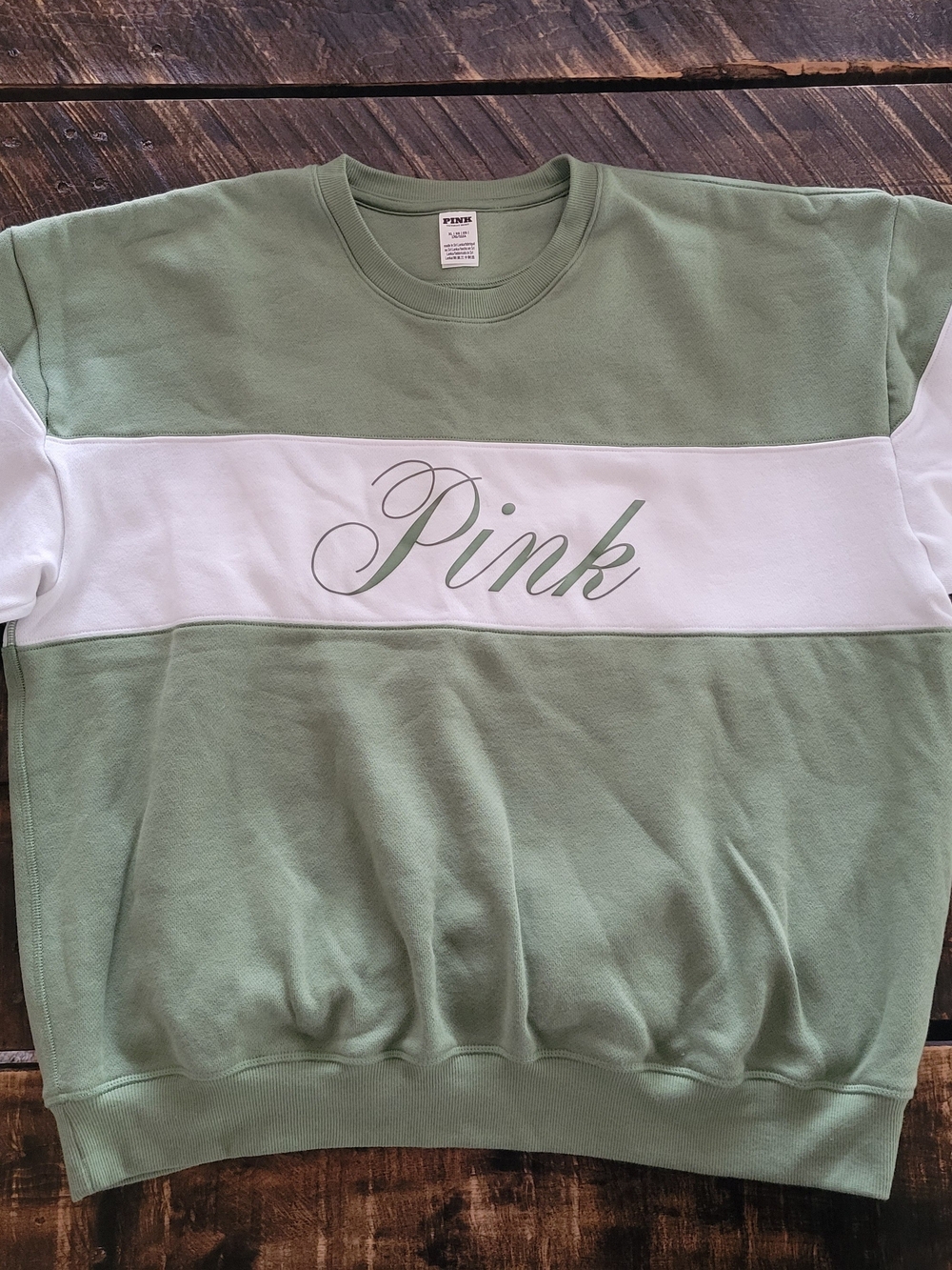 PINK Victoria's Secret Sage Green and White Logo Crewneck Sweatshirt